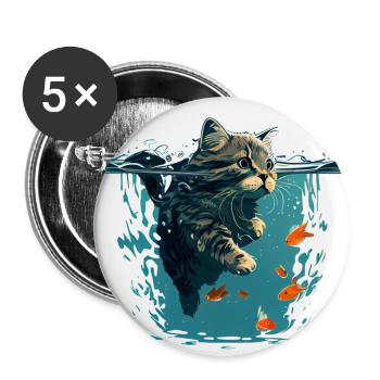 Schwimmende Katze mit Goldfischen - Buttons groß 56 mm (5er Pack) - Weiß - Vorne