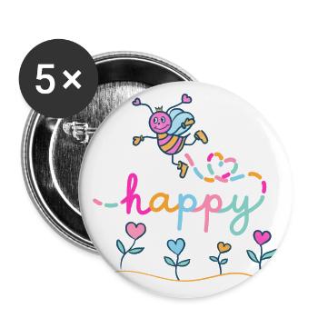 Be happy - Happy bee with heart flowers - Buttons large 2.2''/56 mm (5-pack) - white - Front