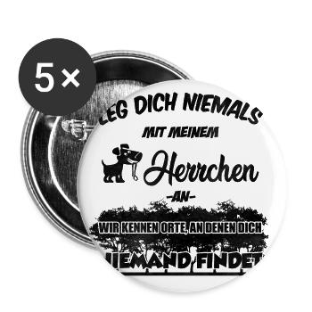 Mein Herrchen kennt Orte... | Hund Hunde Geschenk - Buttons groß 56 mm (5er Pack) - Weiß - Vorne