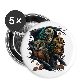 Motif hibou cool - 3 hiboux sur l’arbre - Lot de 5 grands badges (56 mm) - blanc - Devant