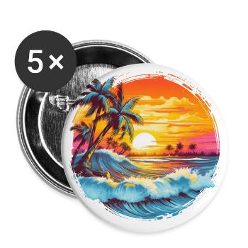 Soleil, Coucher de soleil, Mer, Palmiers, Vacances, Été - Lot de 5 grands badges (56 mm) - blanc - Devant