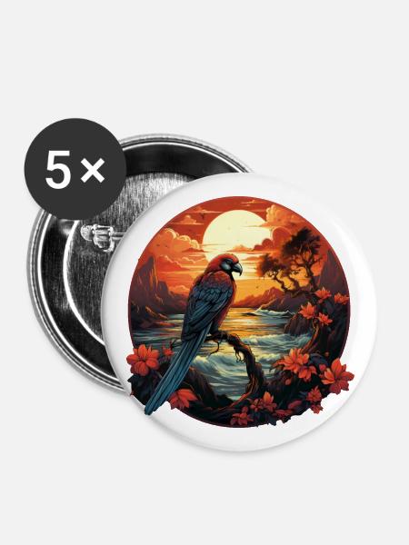 Tropisch - Papagei - Buttons groß 56 mm (5er Pack) - Weiß