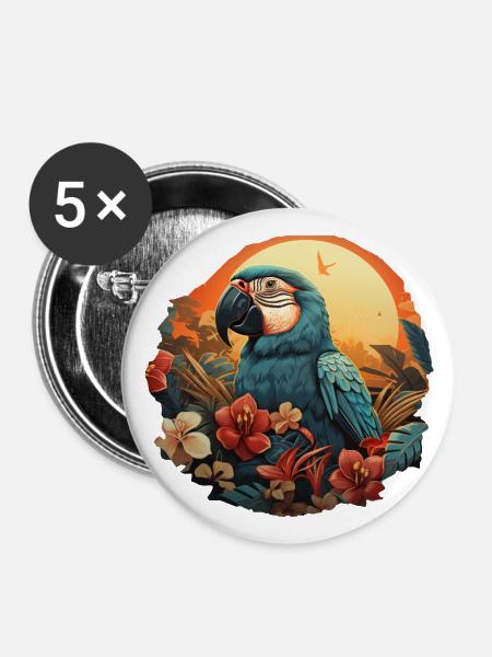 Tropisch - Papagei - Buttons groß 56 mm (5er Pack) - Weiß