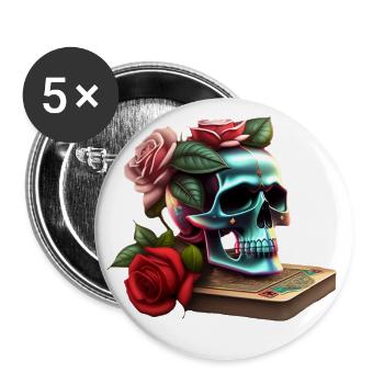 Totenkopf mit Rosen und Spielkarten - Buttons groß 56 mm (5er Pack) - Weiß - Vorne