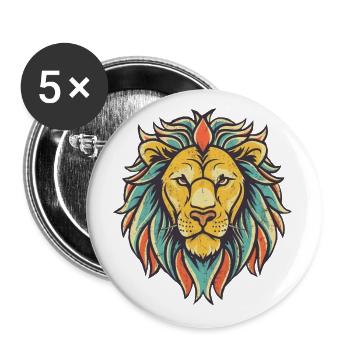 Bunter Löwenkopf - Buttons groß 56 mm (5er Pack) - Weiß - Vorne