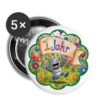 1 Jahr 1. Geburtstag Roboter auf Blumenwiese - Buttons groß 56 mm (5er Pack) - Weiß - Vorne