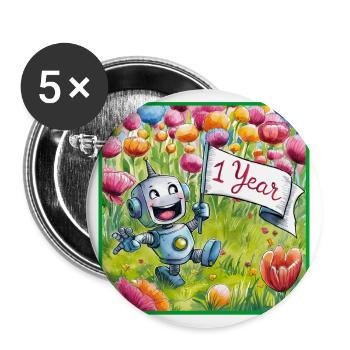 1 Jahr 1. Geburtstag Roboter auf Blumenwiese - Buttons groß 56 mm (5er Pack) - Weiß - Vorne