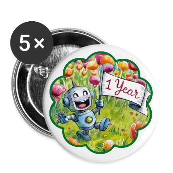 1 Year 1. Birthday robot on flower meadow. One - Buttons large 2.2''/56 mm (5-pack) - white - Front