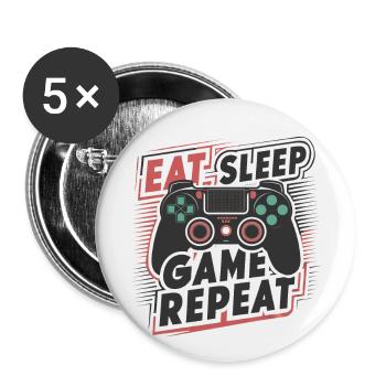Eat, Sleep, Game, Repeat - Buttons groß 56 mm (5er Pack) - Weiß - Vorne