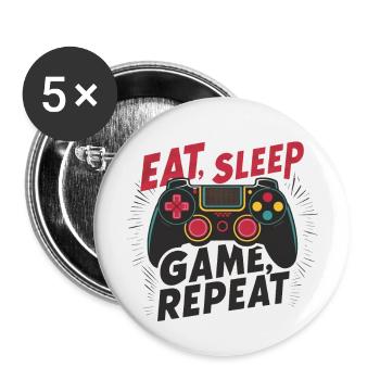 Eat, Sleep, Game, Repeat - Buttons groß 56 mm (5er Pack) - Weiß - Vorne