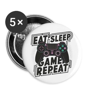 Eat, Sleep, Game, Repeat - Buttons groß 56 mm (5er Pack) - Weiß - Vorne