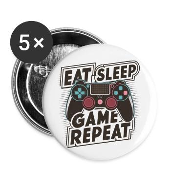 Eat, Sleep, Game, Repeat - Buttons groß 56 mm (5er Pack) - Weiß - Vorne