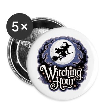 Sorcière à la pleine lune – L’heure des sorcières - Lot de 5 grands badges (56 mm) - blanc - Devant