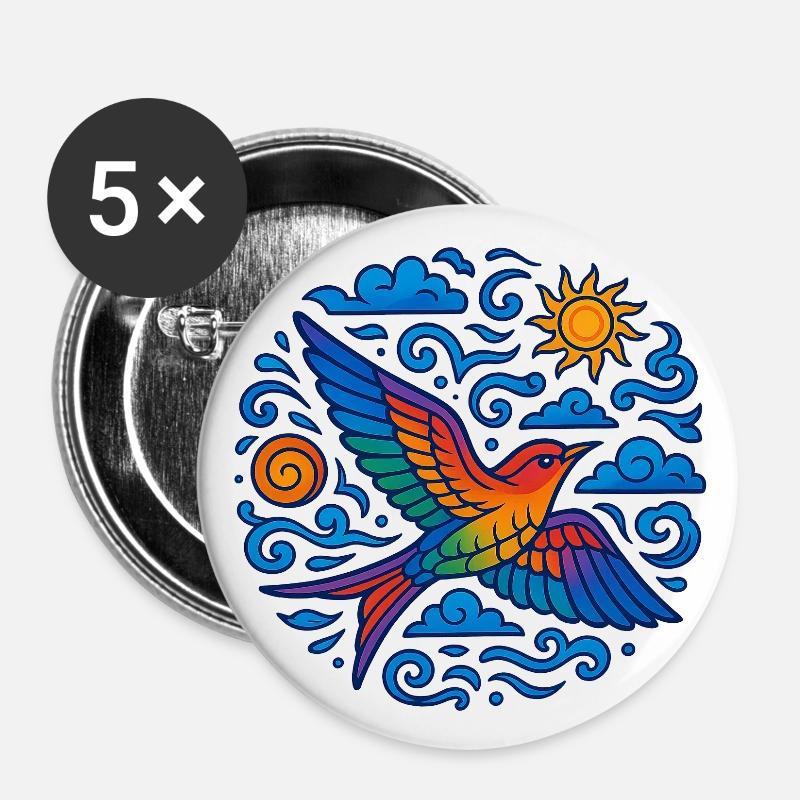 Colorful Bird – Freedom, Sun and Clouds - Buttons large 2.2''/56 mm (5-pack) - white