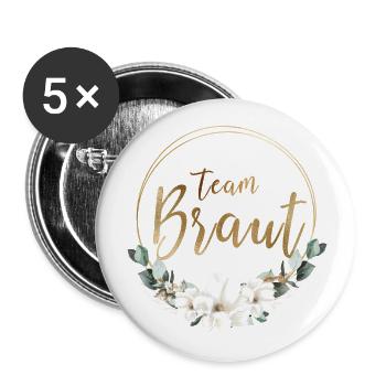 TEAM BRAUT! Boho Blumen Kranz personalisierbar - Buttons groß 56 mm (5er Pack) - Weiß - Vorne