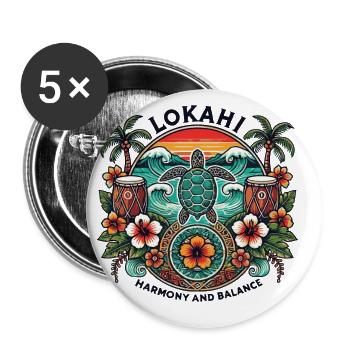 Lokahi - Hawaiianische Harmonie & Balance Schildkröte Design - Buttons groß 56 mm (5er Pack) - Weiß - Vorne