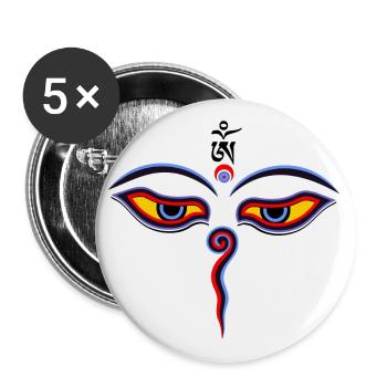 Les yeux de sagesse de Bouddha - Les yeux du temple de Bodhnath, OM 2 - Lot de 5 grands badges (56 mm) - blanc - Devant