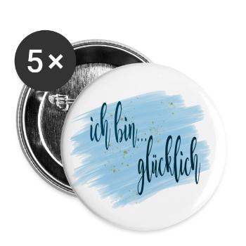 Affirmation - ich bin... glücklich - Buttons groß 56 mm (5er Pack) - Weiß - Vorne
