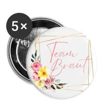 Team Braut! Blumen, personalisierbar - Buttons groß 56 mm (5er Pack) - Weiß - Vorne