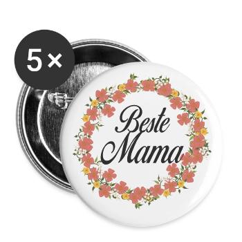 Beste Mama Blumenkranz - Buttons groß 56 mm (5er Pack) - Weiß - Vorne
