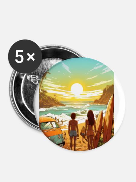 Strandszene mit Surfbrett - Buttons groß 56 mm (5er Pack) - Weiß
