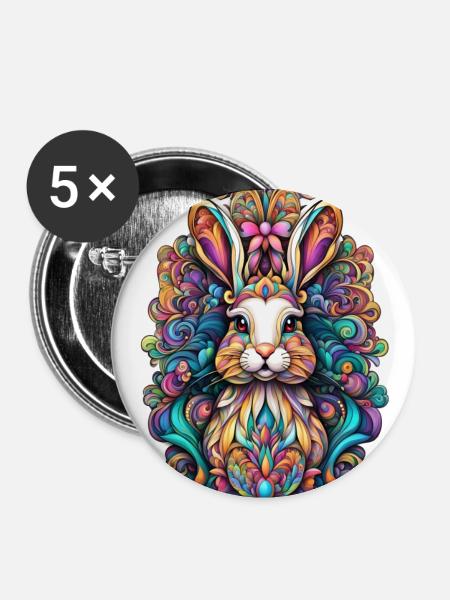Kunstvoller Osterhase 3 - Buttons groß 56 mm (5er Pack) - Weiß