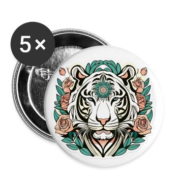 Tiger with Roses Blossoms Gift - Buttons large 2.2''/56 mm (5-pack) - white - Front