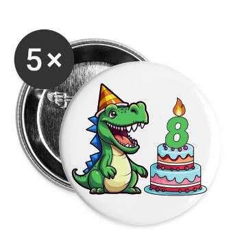 8 Geburtstag Kindergeburtstag cooler Dino T-Rex - Buttons groß 56 mm (5er Pack) - Weiß - Vorne