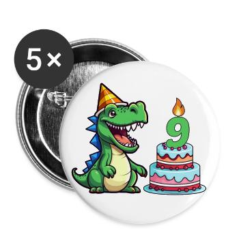 Kindergeburtstag Dino Rex 9 Geburtstag Feier Party - Buttons groß 56 mm (5er Pack) - Weiß - Vorne