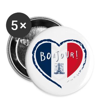 Bonjour Paris-Herz für Frankreich Trikolore - Buttons groß 56 mm (5er Pack) - Weiß - Vorne