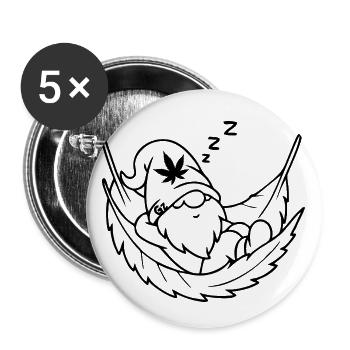 Schlafender Zwerg/Wichtel in Cannabis-Hängematte - Buttons groß 56 mm (5er Pack) - Weiß - Vorne