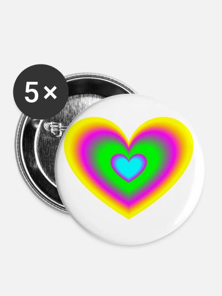 Herz bunt neon - Buttons groß 56 mm (5er Pack) - Weiß