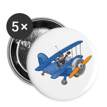 Ein fröhlicher Pilot in einem blauen Flugzeug. - Buttons groß 56 mm (5er Pack) - Weiß - Vorne