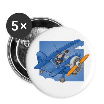 Fröhlicher Pilot in einem blauen Flugzeug. - Buttons groß 56 mm (5er Pack) - Weiß - Vorne