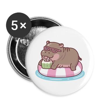 Cute Hippo Chilling On Pool Float Drinking Coconut - Buttons large 2.2''/56 mm (5-pack) - white - Front