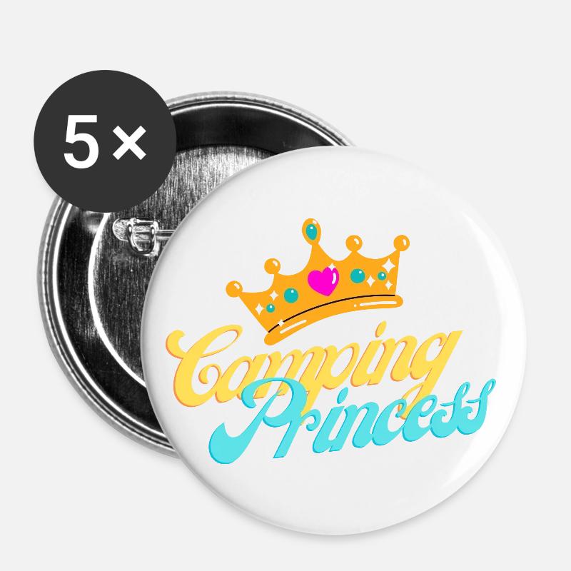 Camping Princesse - Lot de 5 grands badges (56 mm) - blanc