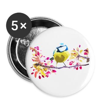 Blaue Vogel-Zeichnung und realistische Blaue Zeichnung - Buttons groß 56 mm (5er Pack) - Weiß - Vorne