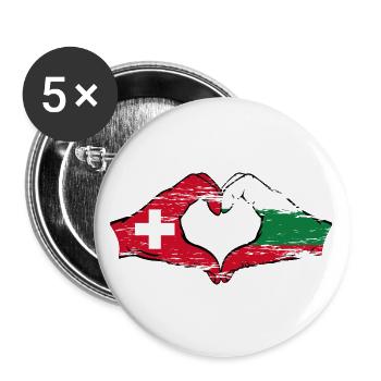 Schweiz Bulgarien Flagge Hände Herzform used - Buttons groß 56 mm (5er Pack) - Weiß - Vorne