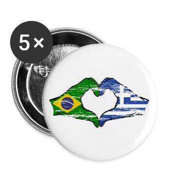 Brasilien Griechenland Flagge Hände Herzform used - Buttons groß 56 mm (5er Pack) - Weiß - Vorne