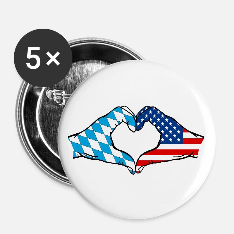 Bavaria USA Flag Hands Heart Shape - Buttons large 2.2''/56 mm (5-pack) - white