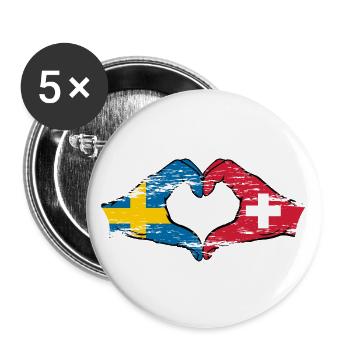 Suède Suisse Drapeau Forme de coeur utilisé - Lot de 5 grands badges (56 mm) - blanc - Devant