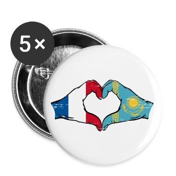 Frankreich Kasachstan Flagge Hände Herzform used - Buttons groß 56 mm (5er Pack) - Weiß - Vorne