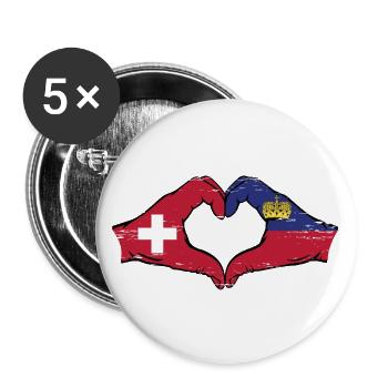 Schweiz Liechtenstein Flagge Hände Herzform used - Buttons groß 56 mm (5er Pack) - Weiß - Vorne