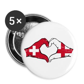 Suisse Angleterre drapeau mains forme coeur utilisé - Lot de 5 grands badges (56 mm) - blanc - Devant