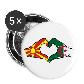 Mazedonien Algerien Flagge Hände Herzform used - Buttons groß 56 mm (5er Pack) - Weiß - Vorne
