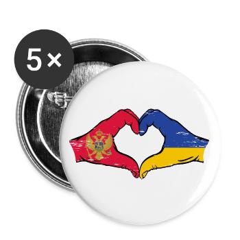 Montenegro Ukraine Flagge Hände Herzform used - Buttons groß 56 mm (5er Pack) - Weiß - Vorne
