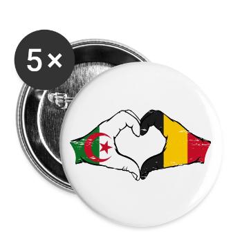 Algerien Belgien Flagge Hände Herzform used - Buttons groß 56 mm (5er Pack) - Weiß - Vorne