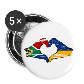 Südafrika Ukraine Flagge Hände Herzform used - Buttons groß 56 mm (5er Pack) - Weiß - Vorne
