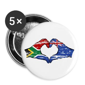 Südafrika Australien Flagge Hände Herzform used - Buttons groß 56 mm (5er Pack) - Weiß - Vorne