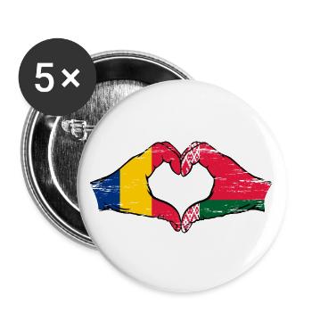 Rumänien Belarus Flagge Hände Herzform used - Buttons groß 56 mm (5er Pack) - Weiß - Vorne
